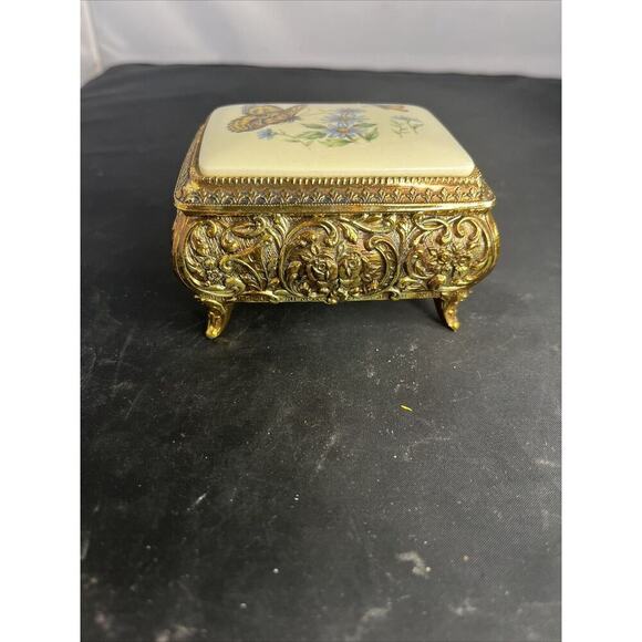 Vtg Westland Metal Trinket Music Box Butterflies Floral Porcelain Top Japan - Picture 2 of 9